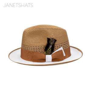 Sombrero de Paja para Hombre Bruno Capelo, 100% Poliéster Trenzado, Ala Rizada, Dos Tonos de Color, Banda con Lazo de Pluma para Viajes, Pesca y Actividades al Aire Libre - Product Image 4