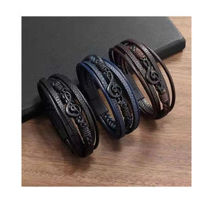 Pulsera Punk Multicapa al por Mayor, Pulsera de Cuero Trenzado Hecha a Mano Estilo Vintage, Pulsera de Cuero con Notas Musicales de Moda para Hombre - Product Image 1
