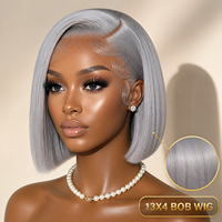 Peluca Bob Gris con Encaje Frontal 13x4, Cabello Humano Liso Totalmente Tejido a Mano, Pre-Desplumado, Puede Permanecer y Teñirse, Venta al por Mayor de Fábrica