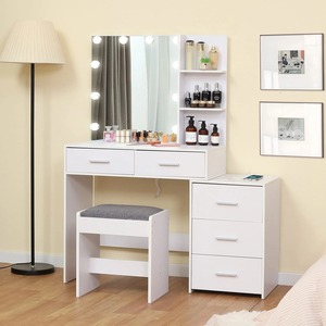 Tocador <span class=keywords><strong>de</strong></span> <span class=keywords><strong>Maquillaje</strong></span> con Espejo Iluminado LED y Cajones <span class=keywords><strong>de</strong></span> Madera Personalizados, Estación <span class=keywords><strong>de</strong></span> Carga con Tomacorriente, Mesa <span class=keywords><strong>de</strong></span> Baño con Almacenamiento - Product Image 1