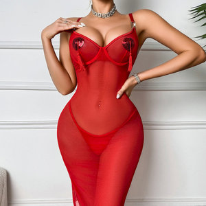 Ensemble de lingerie sexy pour femmes, chemise de nuit en maille rouge de style nouveau, <span class=keywords><strong>avec</strong></span> culotte et soutien-gorge à armatures - Product Image 1