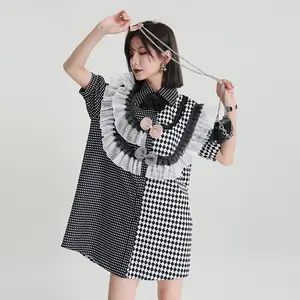 New Clothes Women Casual Dresses Summer Ladies Korean Trendy Simple Mesh Stitching Ruffled Plaid Loose Shirt Dress