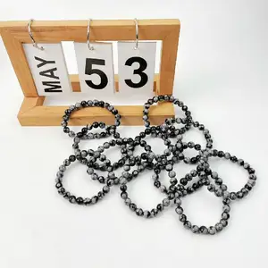 Wholesale Fashion Jewelry 8mm Natural Stone Bead Adjustable Snowflake Obsidian Bracelet For Gifts