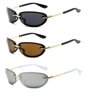 Солнцезащитные очки с прозрачными линзами яркого цвета y2k без оправы, полуметаллические солнцезащитные очки с овальным чаем, ограненный край, футуристические солнцезащитные очки