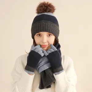 Winter color-blocked knitted hat with Pom scarf and gloves three-piece set wool warm thickened knitted hat three-piece set
