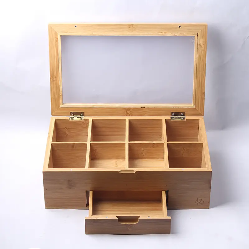 ECOLINK High Quality Eco Friendly 8 compartments wooden & bamboo tea box storage organizer with drawer