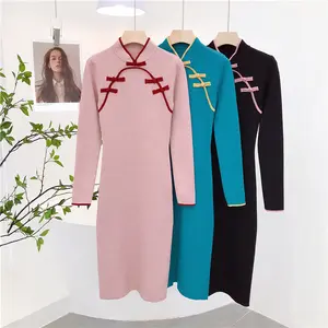 Factory wholesale Autumn new national retro long dresses standing collar plate buckle open cheongsam dress women