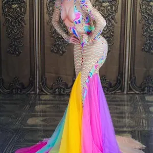 Vestido largo de fiesta de <span class=keywords><strong>arco</strong></span>íris para mujer, cantante, host, vestido de noche colorido con diamantes de imitación - Product Image 1