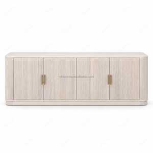 Credenza Vintage Bianca Scanalata con Maniglie Dorate, Buffet in Stile Francese per Sala da Pranzo, Soggiorno e Ingresso - Product Image 2