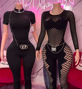 C2408 tinta unita a maniche lunghe a maniche lunghe tubino Sexy Slim Fit tuta in pizzo in maglia - Product Image 1