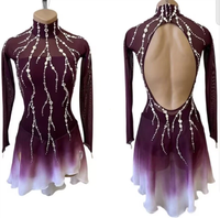 Robe de patinage artistique à col montant, dégradé violet vin avec strass, en tissu mesh pour compétition et spectacle sur glace (adultes et enfants)