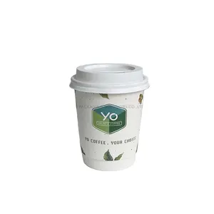12oz doğa yaprak somun desenli yeşil ve beyaz temalı çift duvar sıcaklık direnci PE kaplamalı kağıt kahve fincanı ile eşleşen kapak