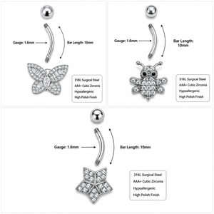 Anillos para <span class=keywords><strong>Ombligo</strong></span> <span class=keywords><strong>de</strong></span> Acero Quirúrgico 316L con Circonita Cúbica, Mariposa, Estrella, Osito, Joyería Corporal para <span class=keywords><strong>Mujer</strong></span>, Hipoalergénica - Product Image 3
