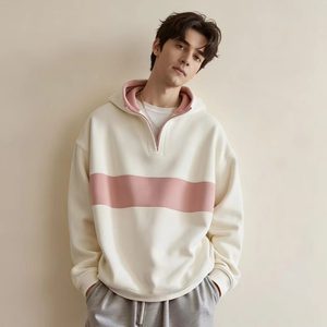 Nuova Collezione Autunnale: <span class=keywords><strong>Felpa</strong></span> <span class=keywords><strong>con</strong></span> Cappuccio e Mezza Zip <span class=keywords><strong>Bianca</strong></span> e <span class=keywords><strong>Rosa</strong></span> per Uomo - Pullover Ampio <span class=keywords><strong>con</strong></span> Stampa Ricamata a Contrasto - Product Image 4