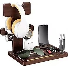 Soporte de madera para auriculares, bandeja de almacenamiento multifuncional para billetera, llave, reloj, organizador de oficina, tipo rectangular - Product Image 5