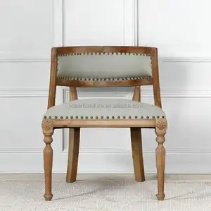 米色亚麻织物手工雕刻木质法国乡村风格餐厅浴缸椅