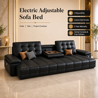 Canapé-lit électrique de luxe en cuir noir à trois places, réglable, avec console centrale et porte-gobelets, idéal pour projets hôteliers/villas