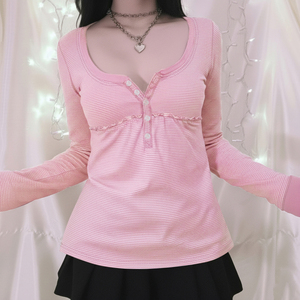 เสื้อยืดแขนยาวลายทางทรงเอแต่งกระดุมหน้าแนวเกาหลีตัดต่ำแบบหวาน - Product Image 6