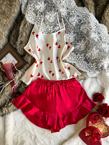 Ensemble pyjama 2 pièces pour femme, imprimé cœurs, haut à fines bretelles et <span class=keywords><strong>short</strong></span> à volants, style Saint-Valentin, vêtements de détente et de nuit - Product Image 6