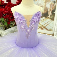 S0086 En gros Tutu de ballet professionnel pour enfants, violet clair, col en V, strass, tulle rigide superposé pour spectacle de ballet