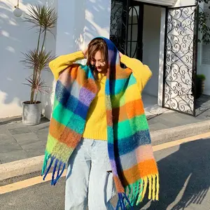 2023 Autumn and Winter New Korean Style Loop Yarn Rainbow Plaid Scarf Women's Winter European and American Thickened Fashion War