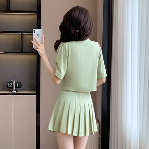 Women's Pink Blazer Suit Set With Skirt Solid Color Polyester Satin Casual Office Look - Product Image 4