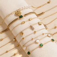 Elegantes y Populares Pulseras Apilables de Acero Inoxidable con Diseño de Corazón, Pez, Perla y Circonita Verde, Joyería Impermeable para Mujer