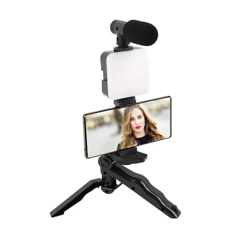 Ay-49 Draagbare Mobiele Telefoon Selfie Stick Statief Microfoon Kit Met Led Verlichting Voor Vlog Video Streaming