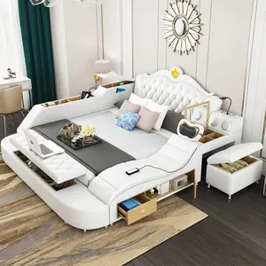 2024 Multifunctional Smart Bed Leather King Size Bed Frame With Wireless Charger Massage Bedroom Furniture Set With Storage