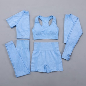 Conjunto Deportivo de 5 Piezas para <span class=keywords><strong>Mujer</strong></span>, Ropa Deportiva sin Costuras para <span class=keywords><strong>Yoga</strong></span>, Gimnasio, Top Corto de Manga Larga, Leggings de Cintura Alta - Product Image 2