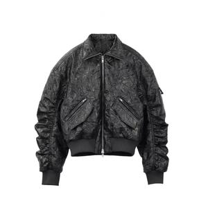 Chaqueta Bomber Negra de Cuero Plisado Vintage con Cierre de Cremallera para Hombre, Silueta Casual, Venta al por Mayor para la Temporada de Primavera - Product Image 1