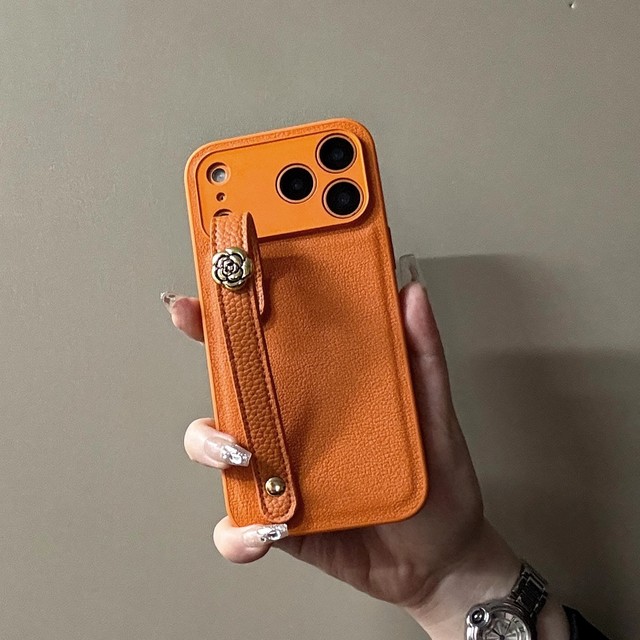 Frosted PU Leather Lychee Pattern Phone Case with Wristband Fine Camera Pores Phone Case for iPhone 17 15 16 14 13 12 11 Pro Max