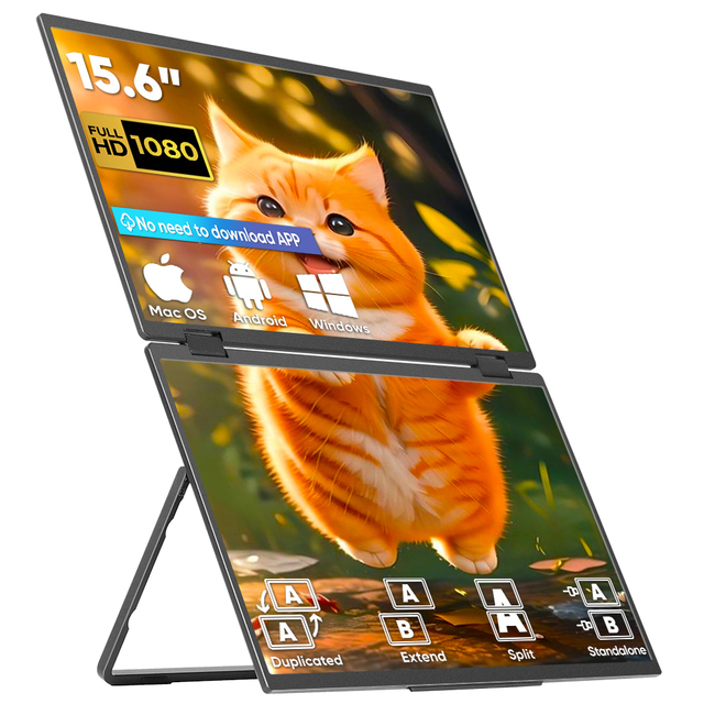15.6 Inch Triple Portable Dual Monitor Extender FHD 1080P with Stand 360 VESA Folding Rotating Screen for Laptops Mac Mini PC