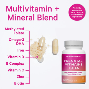 LIFEWORTH Capsules multivitaminées Supplément nutritionnel prénatal en vitamines et minéraux pour femmes avec acide folique DHA - Product Image 3