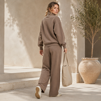 Ensemble de survêtement ODM pour femme, marron mocha, en molleton de coton délavé, avec pull à col montant et fermeture éclair mi-longue et pantalon droit à jambes larges