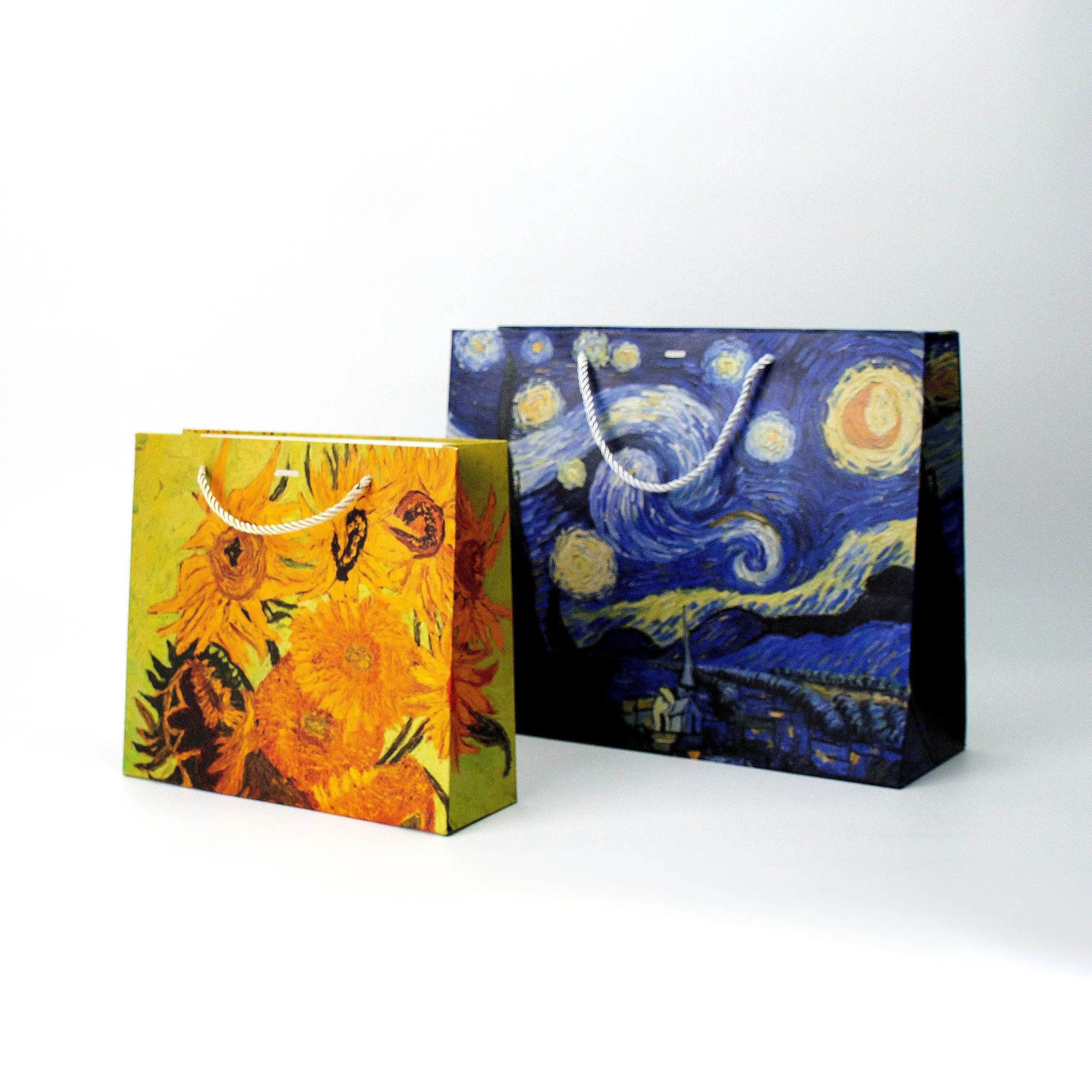 Van Gogh ayçiçeği/yıldızlı gökyüzü yağlıboya tote çanta özelleştirme logo özel sanat hediye kozmetik kağıdı çanta ile şerit kolu