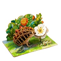 Kit Diorama Landak Kayu dengan Latar Belakang Daun Cetak, Buah Berry, dan Bunga, Kerajinan Rakitan DIY untuk Anak-Anak dan Remaja