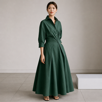 Robe midi pour femme, col chemise, unie, taille nouée, amincissante, manches 3/4, décontractée, élégante, en lin/coton, avec poches