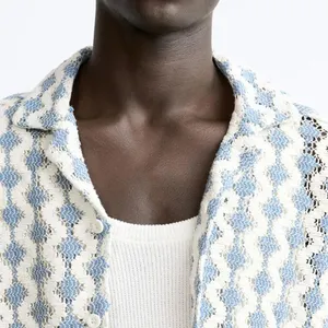 Summer Button Up Shirts Cotton Mesh Short Sleeves Crochet Knit T Shirt Custom Casual Jacquard Lace Shirts For Men High Quality