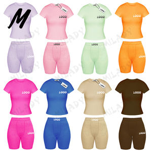 Oem באביב צבע האביב מגולב נשים סט חולצה ומכנסיים קיץ להגדיר לוגו מותאם אישית שתי חתיכות סט בגדים לנשים - Product Image 1