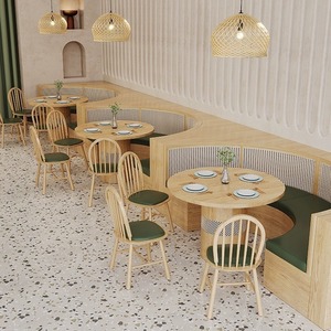Sistema de Mesa y Sillas para Restaurante Estilo Japandi Natural, Asientos con Respaldo de Mimbre, Sillas Semicirculares en Forma de C, Sofá para Restaurante - Product Image 2