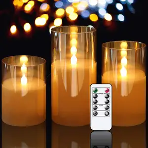 Battery Operated Grey Glass Candles With Timer And 10 Key Remote Control Flameless LED Real Wax Warm Light