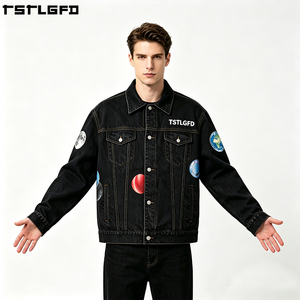 <b>Custom</b> Raw <b>Denim</b> <b>Jacket</b> Heavyweight Washed Black Planetary Pattern Men'S Outerwear Sets Clothing Manufacturers Bulk - Product Image 2