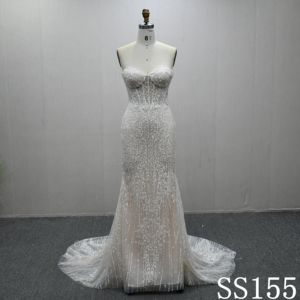 Nhà Máy Nhà Sản Xuất Hạt Spaghetti Dây Đeo Backless Ngà Váy Cưới Một Dòng V Cổ Ren Đính Không Tay Bridal Gown - Product Image 1