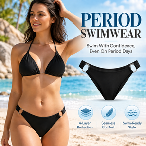 Slip Bikini Mestruale con Anello Laterale e Dettaglio O-Ring in Metallo, Protezione Anti-Perdita a 4 Strati, per Abbigliamento da Spiaggia, Vendita all'Ingrosso - Product Image 1