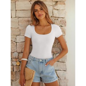 FOXA Body côtelé extensible à manches courtes et col rond pour femme – Coupe ajustée, style basique, tenue d'été tendance - Product Image 4