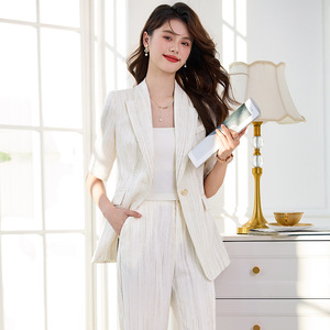Women's White Summer Thin Suit Jacket Short Sleeve Breathable Woven Polyester Stripes Casual Suit Set For Petite Women - Product Image 1