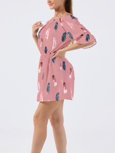 Robe d'été décontractée pour femme, à épaules dénudées, imprimé plumes, longueur genou, manches évasées, taille naturelle - Idéale pour le club et le quotidien - Product Image 6