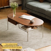 Table basse en bois massif de style nordique, petite table d'appoint ovale avec tiroirs en acier inoxydable pour salon, table de style mi-siècle pour B&B