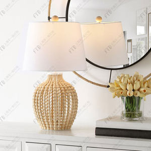 <b>Table</b> <b>Lamp</b> Solid Wood Bead Fabric Shade E27 LED Light Source Switch Control For Living Room Bedroom <b>Study</b> Bedside - Product Image 2